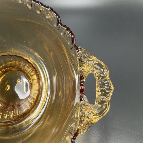 Vintage Gadroon Edges Amber Glass Footed Dish Bowl Container With Handles VTG - Picture 5 of 12